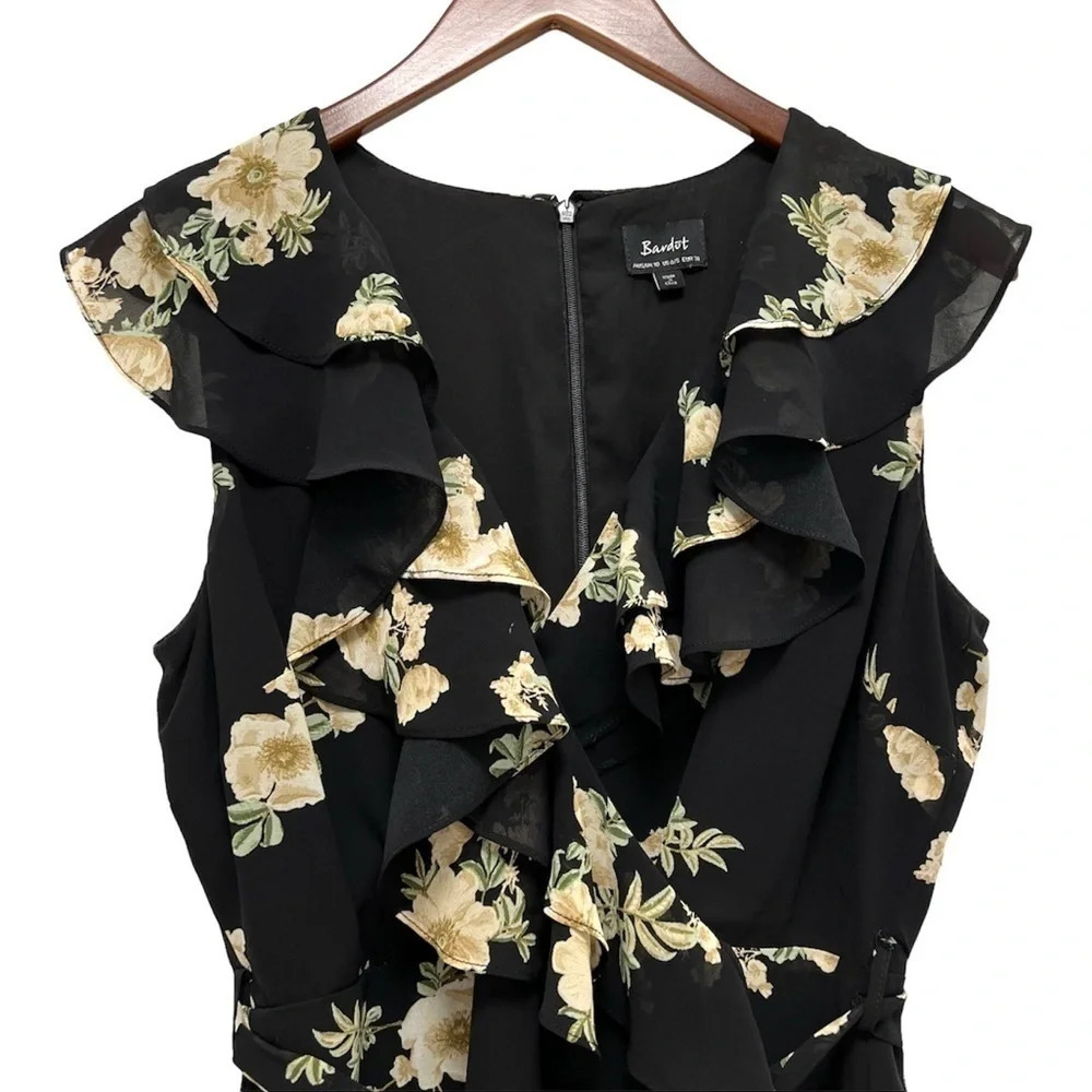 Bardot Floral Print Ruffled Faux-Wrap Cap Sleeve Dress Dark Romantic Size 6 - Picture 6 of 9